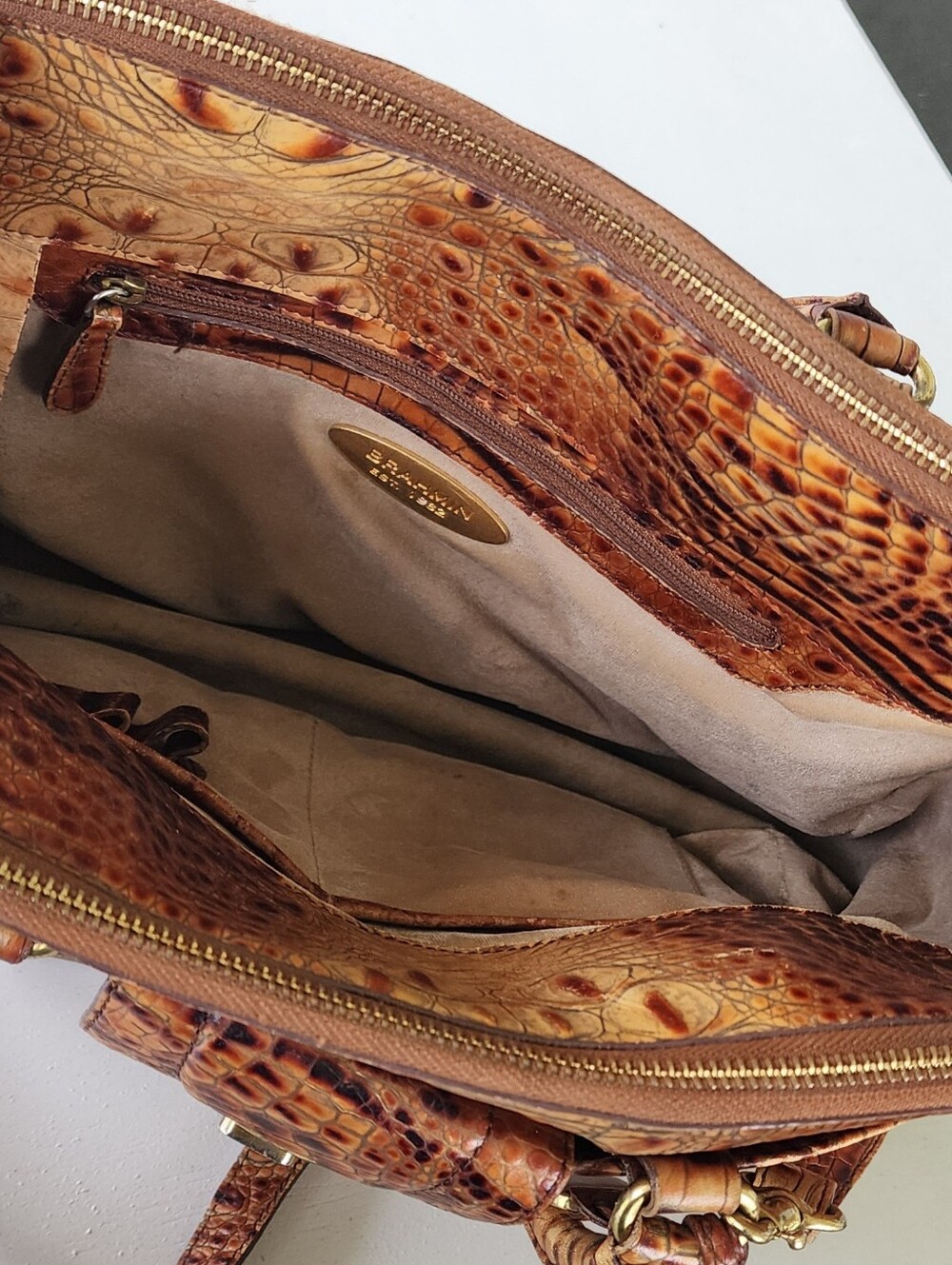 Brahmin Tan and Brown Crocodile-Embossed Satchel - Picture 6 of 15